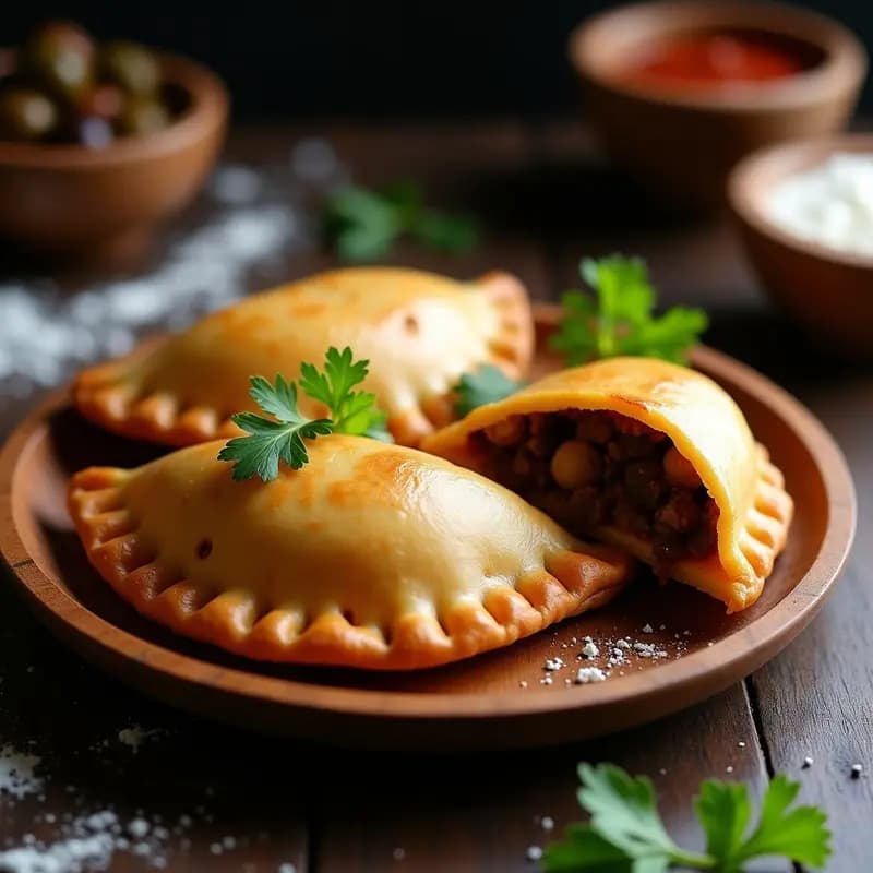 Empanadas chilenas veganas de pino con carne de soya texturizada, doradas y crujientes, dispuestas en una bandeja de madera rústica. Se aprecian los bordes sellados con tenedor y el relleno jugoso asomando ligeramente. Acompañadas de pebre fresco y hojas de cilantro.