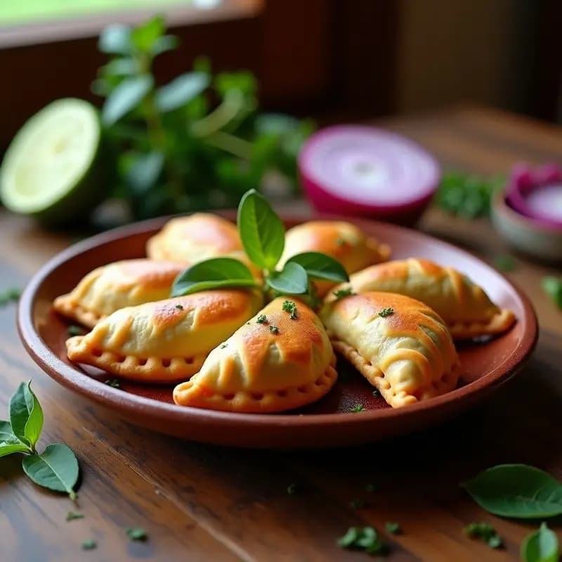Empanadas doradas de masa morada rellenas de piscado y yuca, servidas en un plato de barro sobre fondo rústico, con hojas de huacatay y rodajas de limón como decoración. Receta peruana sin harina con maíz morado.