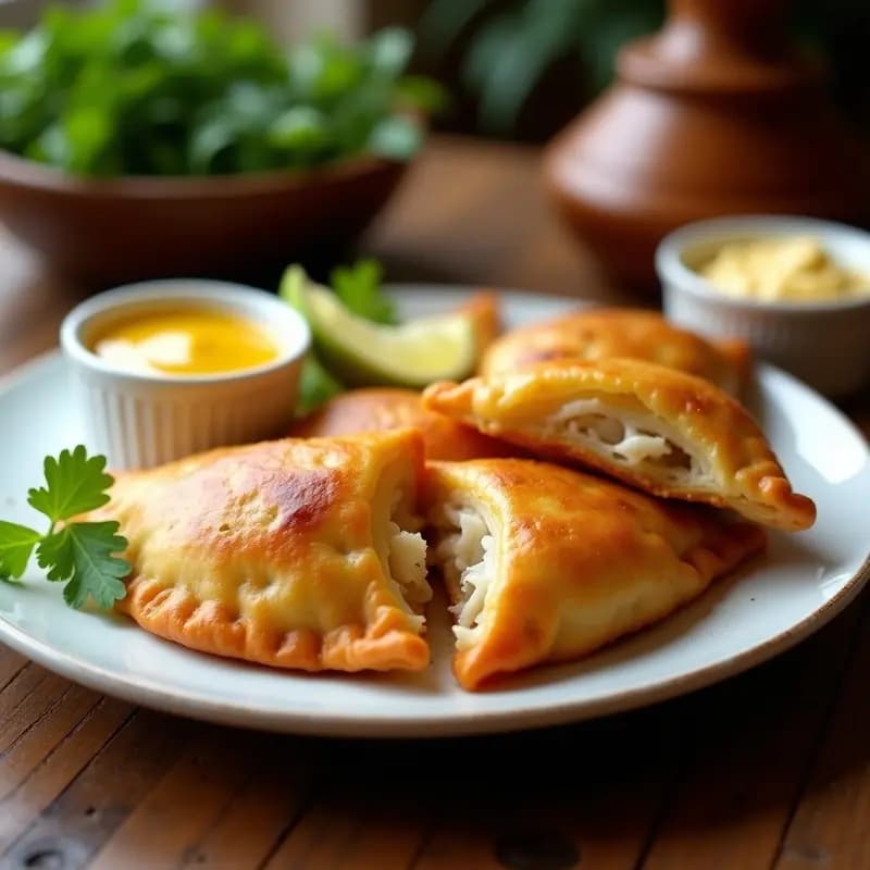 Empanadas doradas y crujientes rellenas de camarones y cebolla caramelizada en pisco, servidas en un plato de cerámica blanca con salsa de ají amarillo y huancaina cremosa al lado. Decoradas con hojas de cilantro fresco y rodajas de limón.