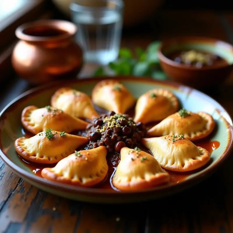 Empanadas doradas y crujientes de hojaldre rellenas de carne de res desmenuzada con pisco, servidas en una fuente de cerámica rústica con un hilo de salsa de pisco y ají panca. Receta tradicional peruana gourmet.