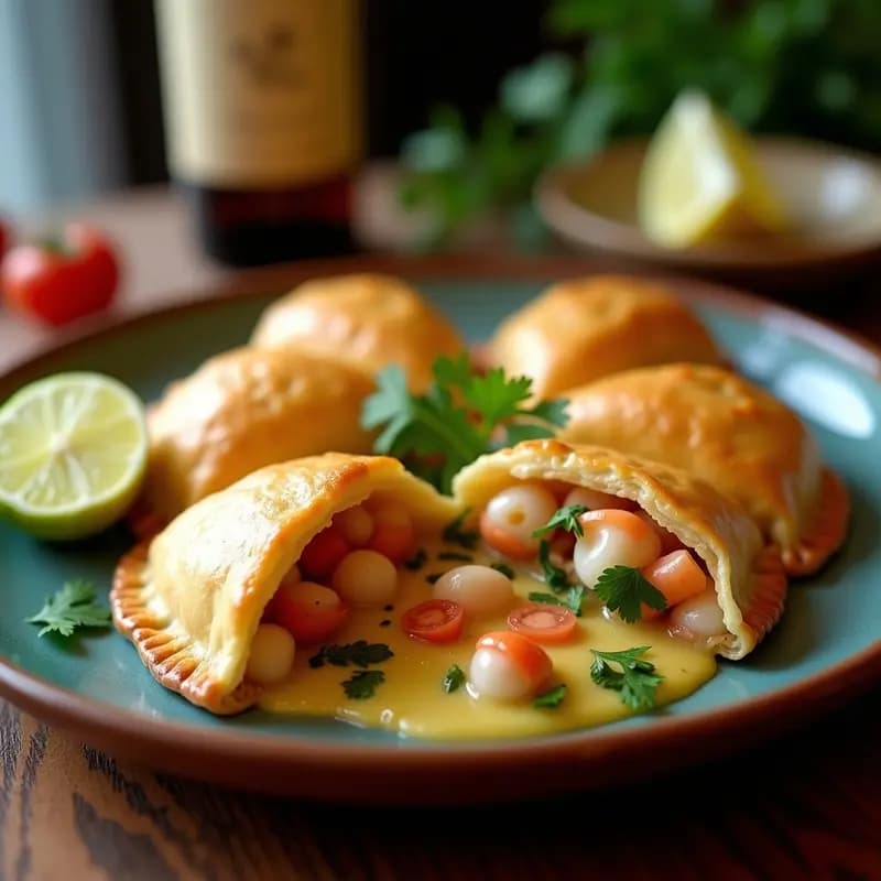 Empanadas doradas y crujientes rellenas de mariscos en salsa cremosa con toques de limón, servidas en una fuente de cerámica sobre un mantel rústico. Receta peruana gourmet de empanadas de pisco y mariscos con toque de limón.
