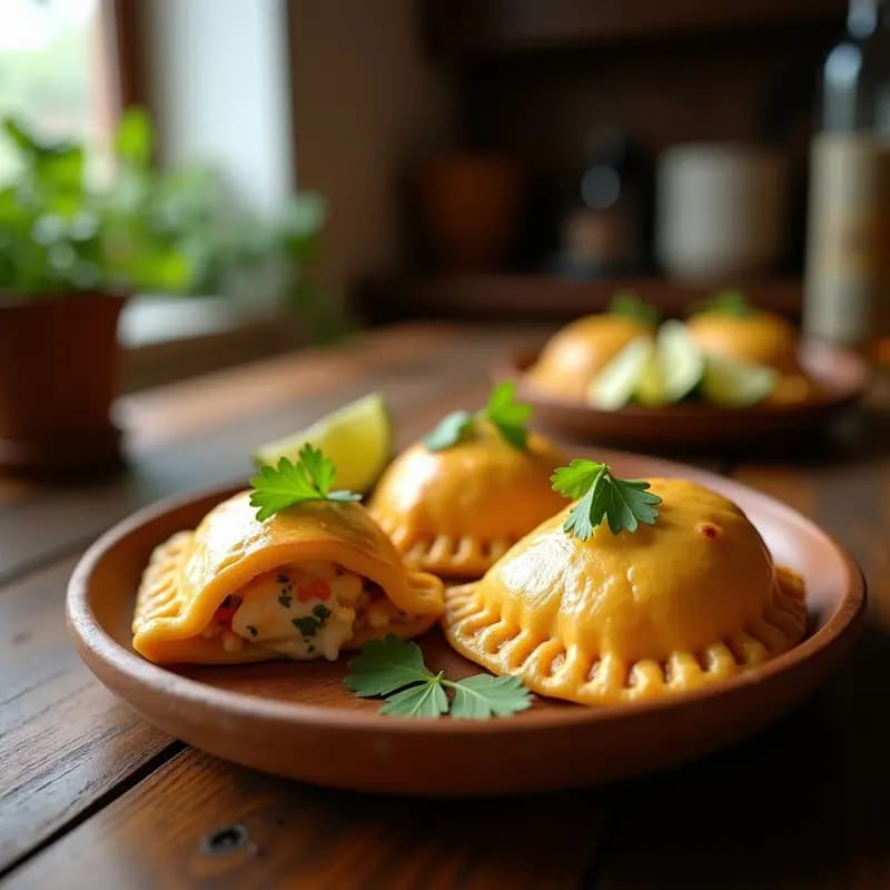Empanadas peruanas de pisco y mariscos con masa de yuca dorada, rellenas de camarones, calamares y mejillones en salsa cremosa de ají amarillo y leche de coco, servidas en plato rústico con hierbas frescas.
