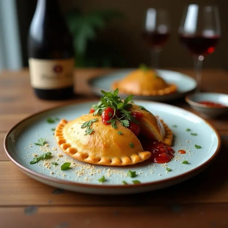 Empanadas doradas y crujientes rellenas de queso azul cremoso, servidas en un plato de cerámica negra con salsa de Oporto brillante y nueces picadas, receta gourmet chileno-peruana.