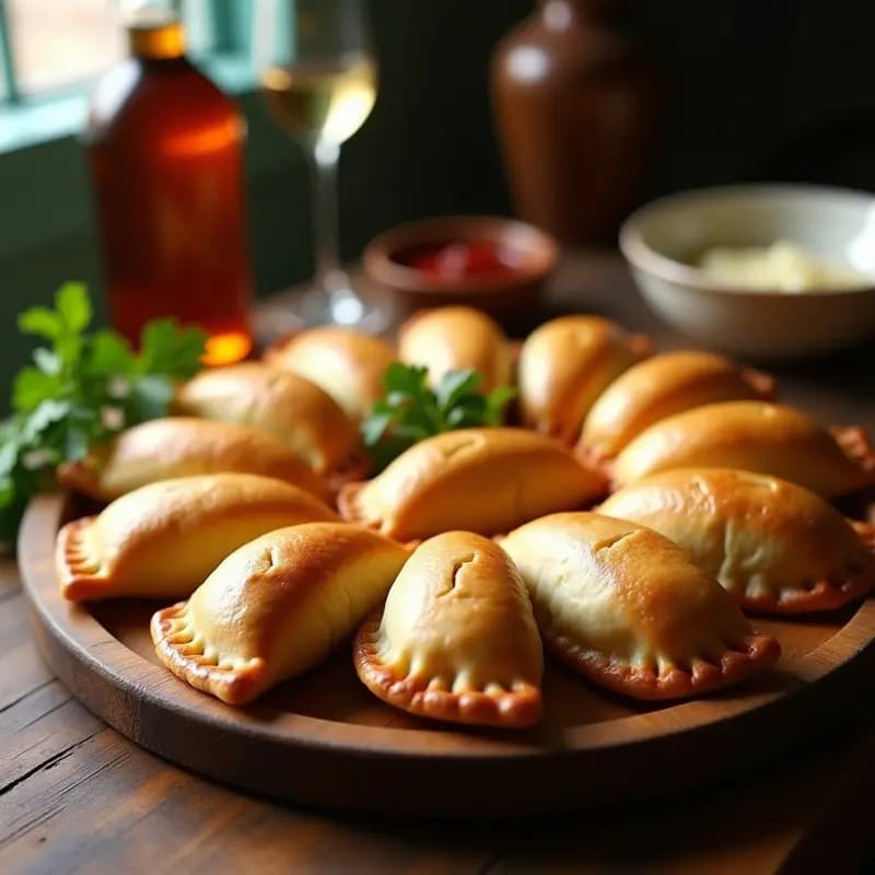 Empanadas doradas y crujientes de pisco y queso, rellenas de queso fresco andino y cebolla morada caramelizada, servidas en una bandeja de madera rústica con hojas de cilantro como decoración.