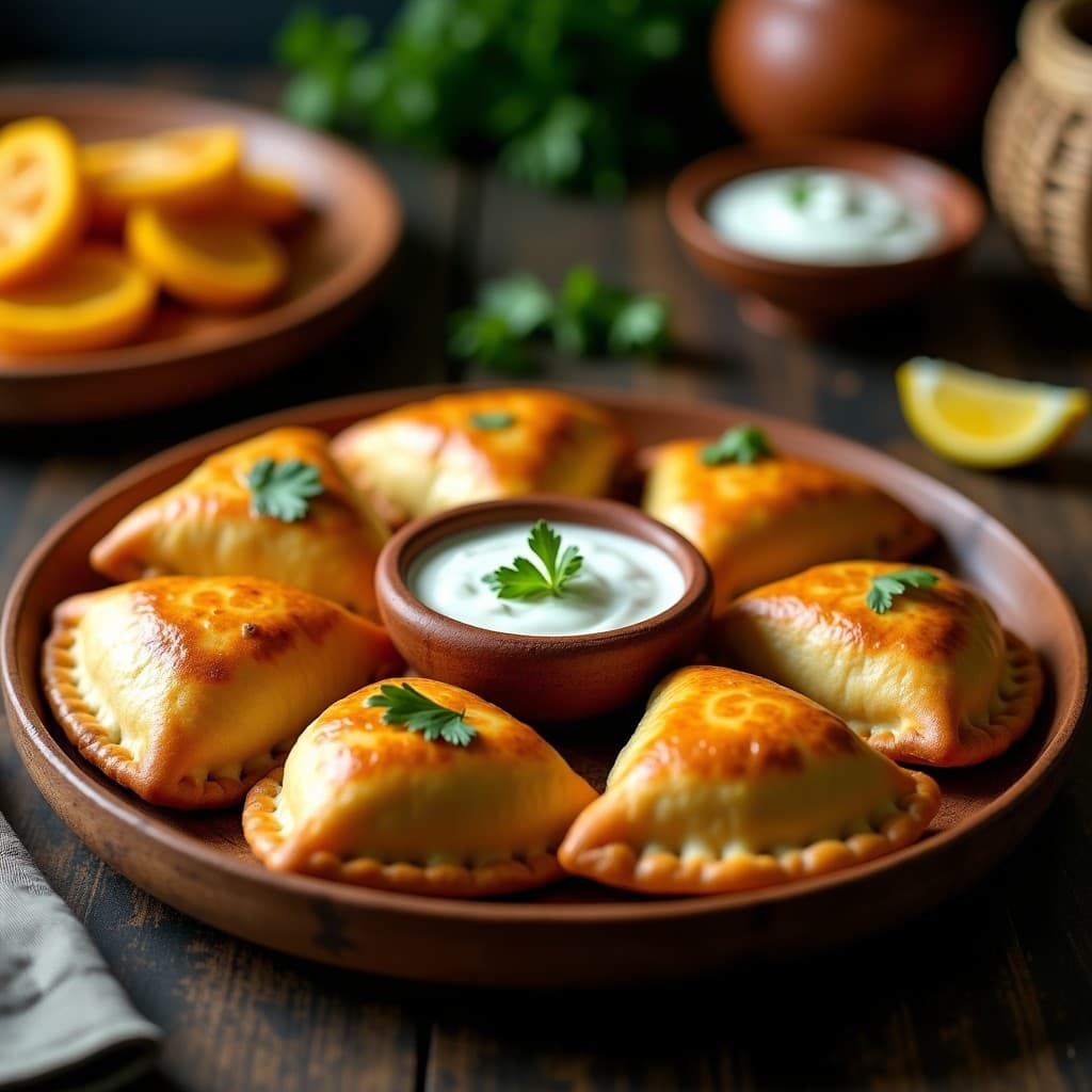 Empanadas doradas y crujientes de masa de cassava rellenas de pollo al curry, con trozos de plátano macho visible en la corteza. Servidas en un plato de madera rústico con hojas de cilantro fresco y un dip de yogur al lado. Receta colombiana sin gluten.