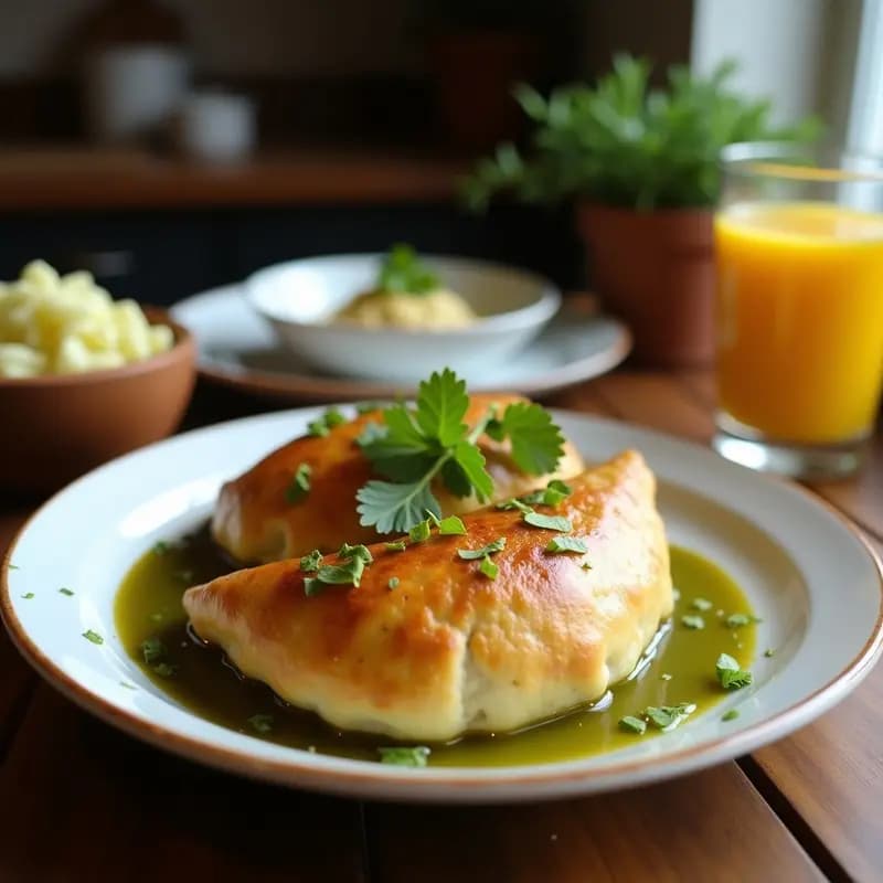 Empanadas doradas y crujientes de harina de plátano verde rellenas de bacalao desmenuzado, servidas en un plato de barro con un toque de cilantro fresco. Receta venezolana sin gluten.