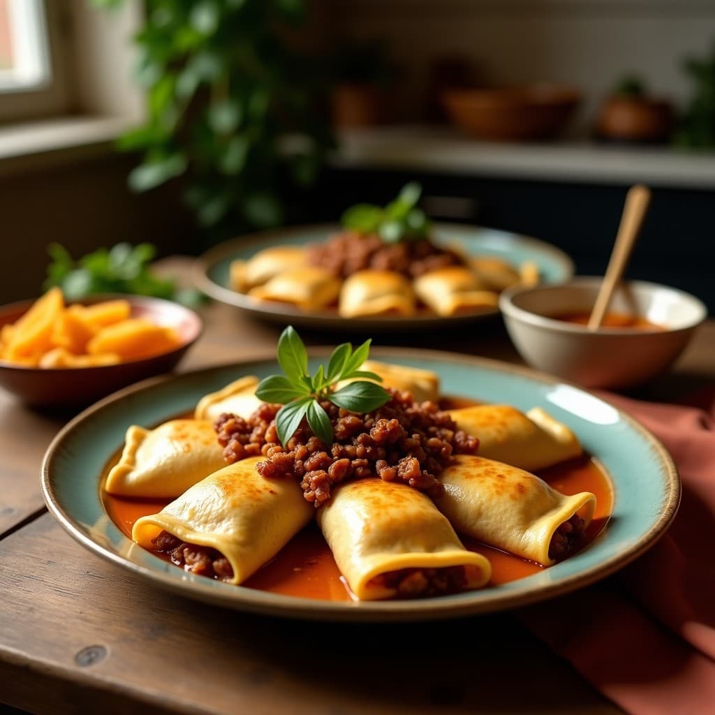 Empanadas doradas de harina de plátano verde rellenas de carne de cerdo y ciruelas, servidas en un plato rústico de barro con salsa de mojo verde y rodajas de limón al lado. Receta dominicana en olla exprés.