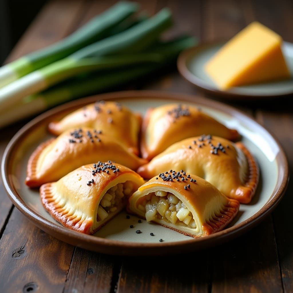 Empanadas doradas y crujientes de puerro y queso de oveja con masa de espelta, servidas en un plato de barro rústico. Se aprecian las semillas de sésamo negro en la superficie y el relleno jugoso al cortar una por la mitad. Receta tradicional española en airfryer.
