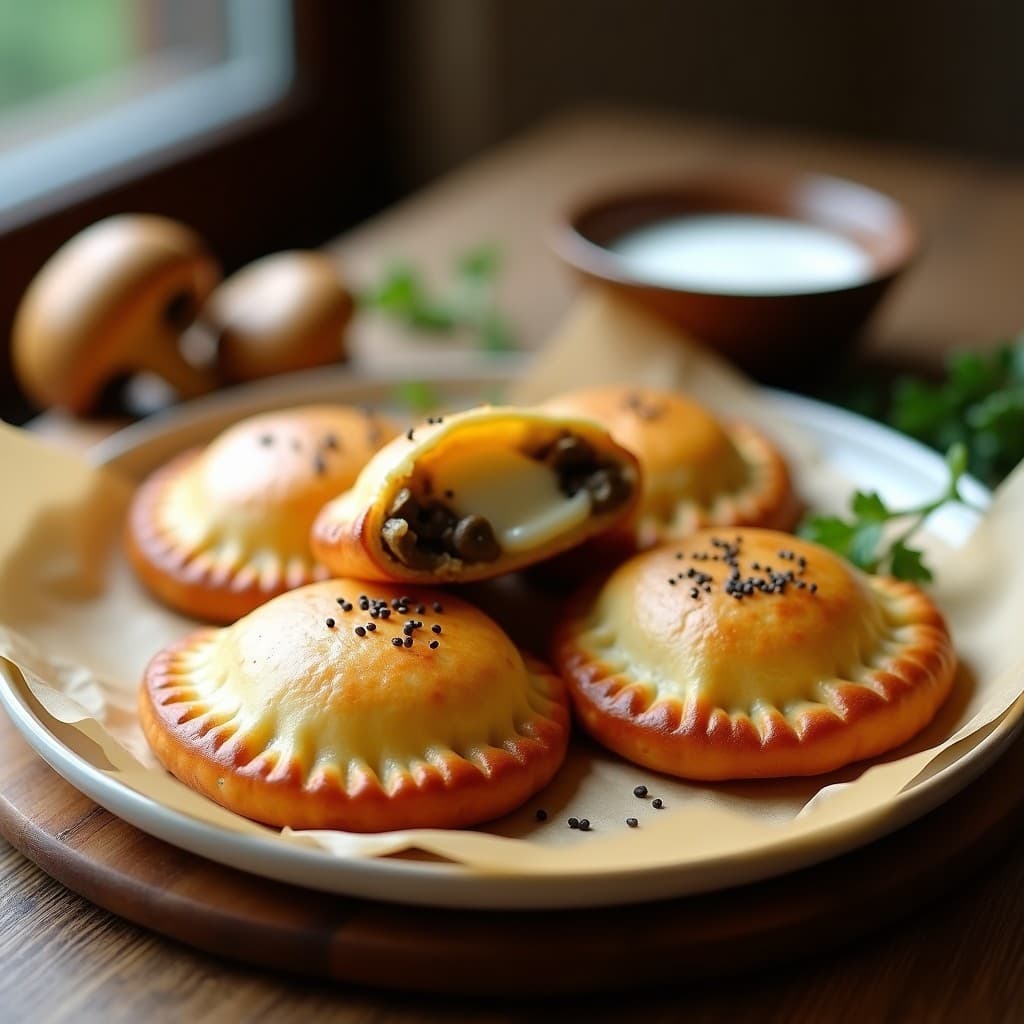Empanadas veganas al horno con masa de almendra dorada, rellenas de queso de anacardos cremoso y hongos morillas, sobre bandeja de madera rústica con perejil fresco.
