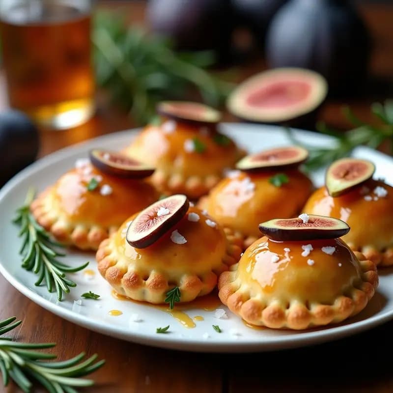 Empanadas doradas y crujientes al estilo uruguayo rellenas de queso de cabra y higo, con bordes bien sellados y brillo de huevo batido, servidas en una bandeja de madera rústica con hojas de romero de decoración.