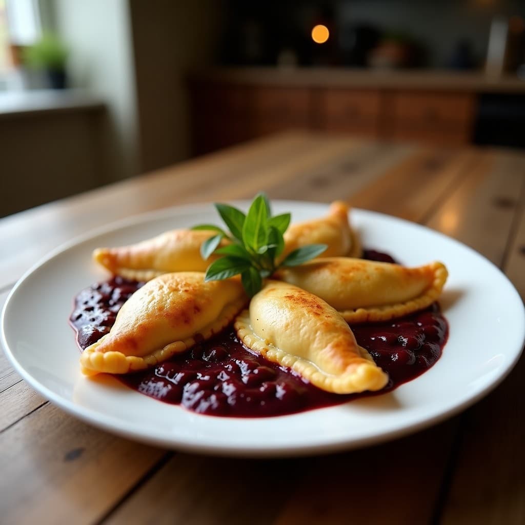 Empanadas bolivianas sin gluten de masa morada rellenas de queso de cabra y higo, doradas y crujientes sobre papel de hornear, con un fondo rústico de madera.