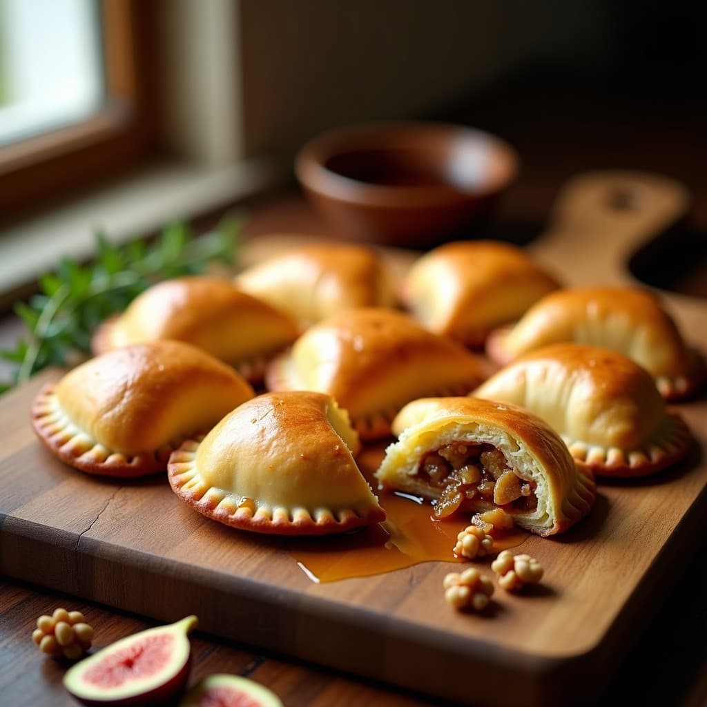 Empanadas argentinas doradas y crujientes rellenas de queso de cabra y higos caramelizados, dispuestas en una bandeja de madera rústica con un hilo de miel y tomillo fresco como decoración.