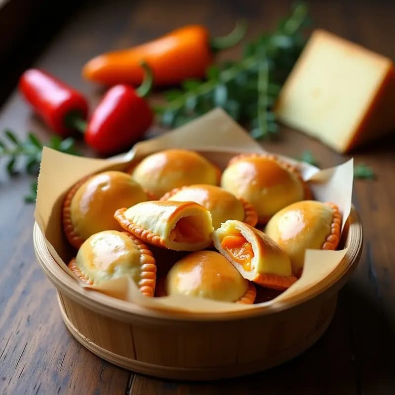 Empanadas gallegas doradas y crujientes rellenas de queso de oveja desmenuzado y pimiento de Padrón asado, dispuestas en un tupper de bambú con fondo de papel de horno.