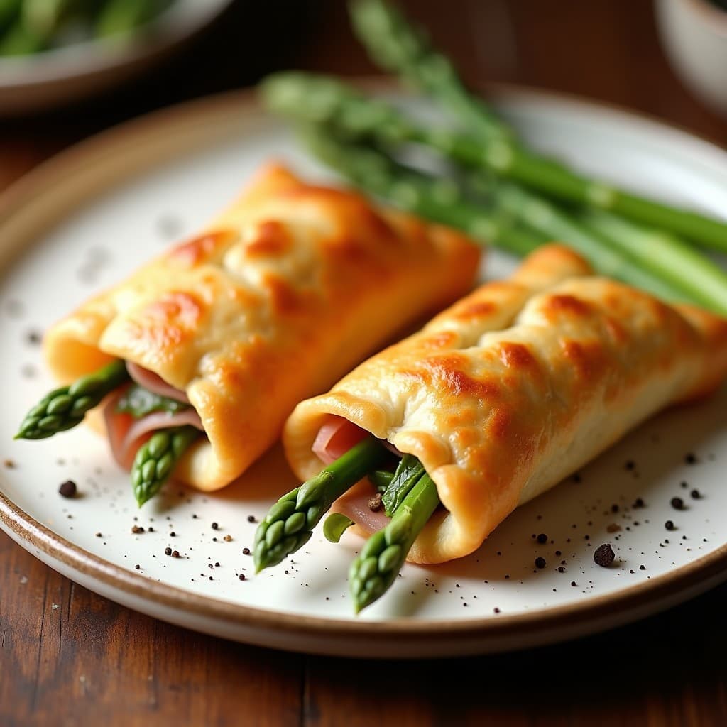 Empanadas doradas y crujientes de masa de queso parmesano rellenas de espárragos trigueros y jamón serrano, servidas en un plato blanco rústico con un toque de pimienta negra. Receta italiana en airfryer, alta en proteína y baja en carbohidratos.