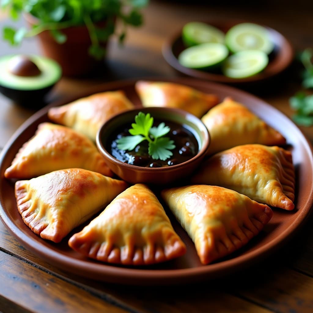 Empanadas doradas y crujientes de quinoa y espinacas con bordes sellados, servidas en un plato de barro con salsa de ajo negro cremosa y decoradas con cilantro fresco. Receta peruana en airfryer, sin gluten.