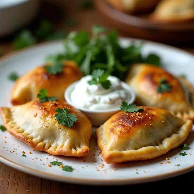 Empanadas argentinas veganas doradas y crujientes de quinoa y espinacas, servidas en bandeja de madera con salsa de yogur griego cremosa y semillas de sésamo espolvoreadas, receta sin gluten y alta en proteína.
