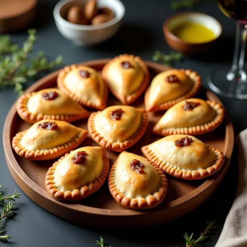 Empanadas argentinas veganas al horno con masa dorada y crujiente, rellenas de hongos shiitake y cebolla caramelizada, espolvoreadas con semillas de sésamo, servidas en bandeja de madera rústica.