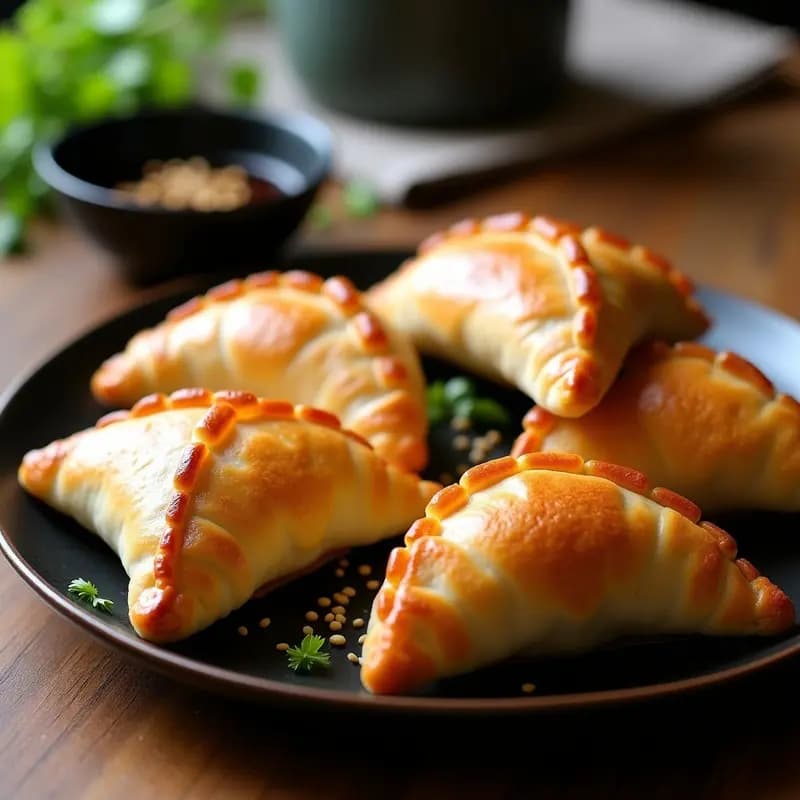 Empanadas chinas doradas en forma de media luna, con masa de arroz crujiente y relleno de hongo shiitake y tofu, servidas en un plato de cerámica blanca con salsa de soja y semillas de sésamo.