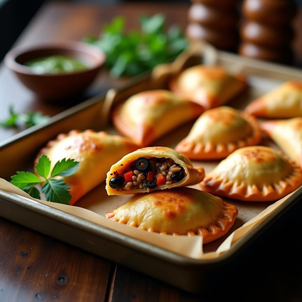 Bandeja de empanadas argentinas veganas doradas al horno, con relleno de carne de soja y pimientos asados, servidas sobre papel de horno rústico con hojas de perejil fresco.