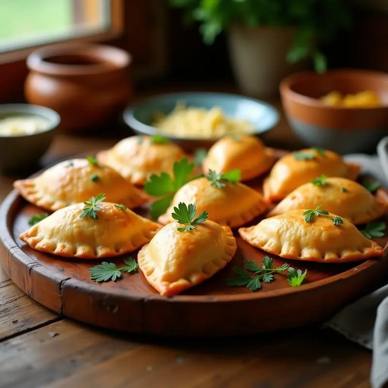 Empanadas argentina doradas al horno con relleno de soja texturizada y queso tybo vegano, dispuestas en una bandeja de madera rústica con perejil fresco espolvoreado.