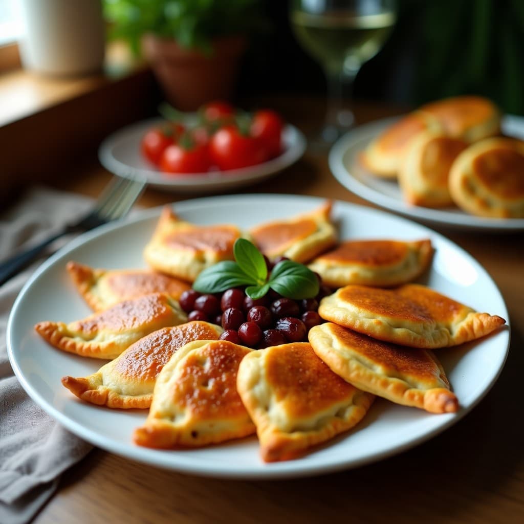 Empanadas griegas doradas y crujientes en bandeja de horno, rellenas de soja texturizada y aceitunas Kalamata, con hierbas provenzales espolvoreadas y un fondo rústico de madera.