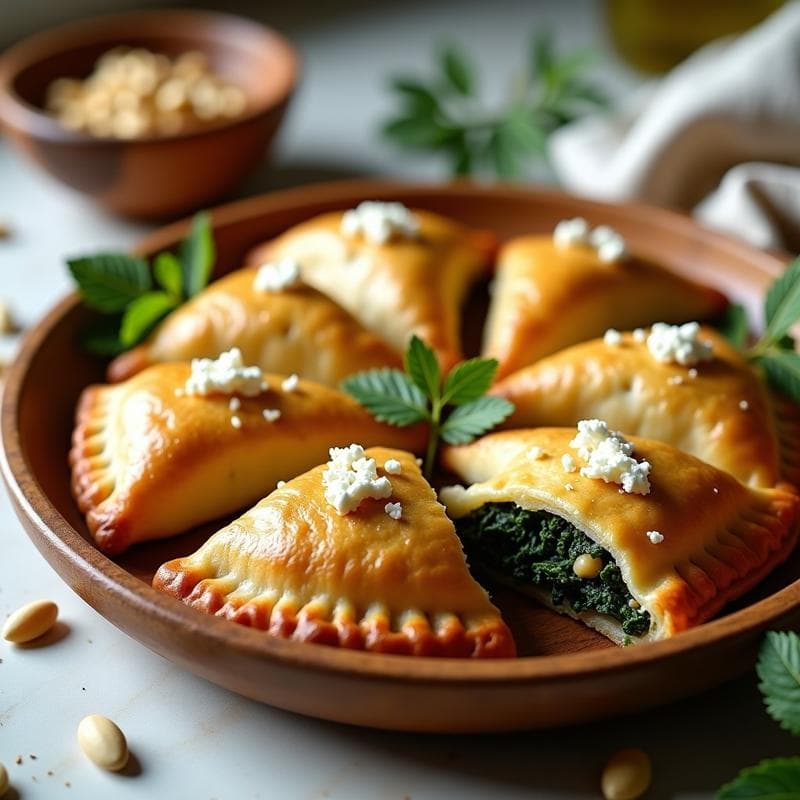 Empanadas doradas y crujientes de harina de sorgo rellenas de espinacas y queso feta, servidas en un plato de madera rústico con hierbas frescas y piñones tostados. Receta griega en airfryer sin gluten.