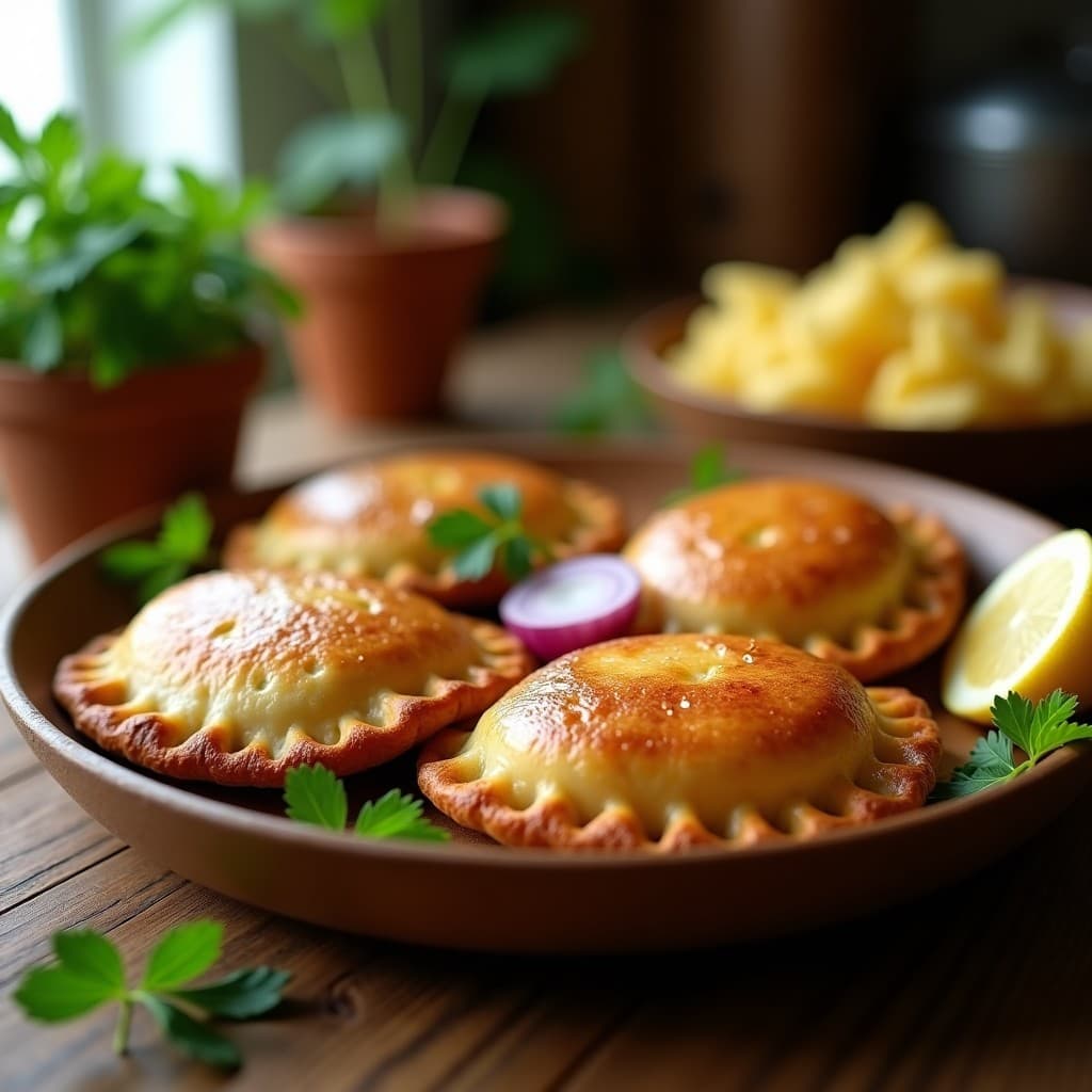 Empanadas brasileñas veganas de harina de tapioca doradas y crujientes, rellenas de hongos porcini, servidas en un plato de madera rústico con hierbas frescas y rodajas de limón al lado.