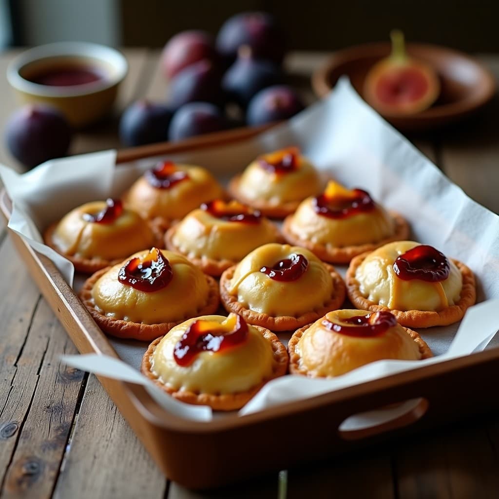 Empanadas doradas y crujientes de masa de tapioca rellenas de queso de búfalo cremoso y mermelada de higos, servidas en una bandeja de madera rústica con un hilo de mermelada brillante por encima.