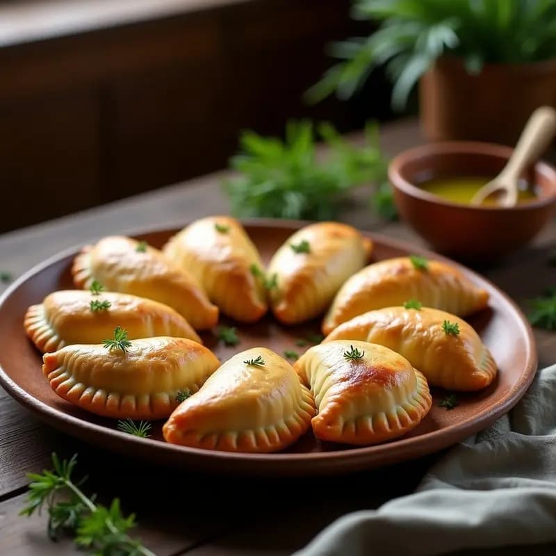 Empanadas uruguayas de tasajo y queso de cabra doradas y crujientes, servidas en un plato de madera rústico con hojas de hinojo fresco como decoración, receta tradicional en olla exprés.