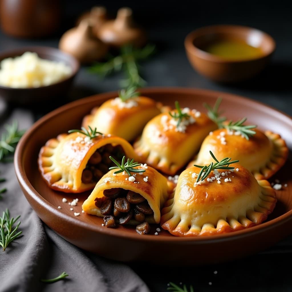 Empanadas doradas de harina de teff rellenas de champiñones y hierbas provenzales, servidas en un plato de madera rústico con un toque de queso parmesano rallado y hierbas frescas. Receta keto en olla exprés.