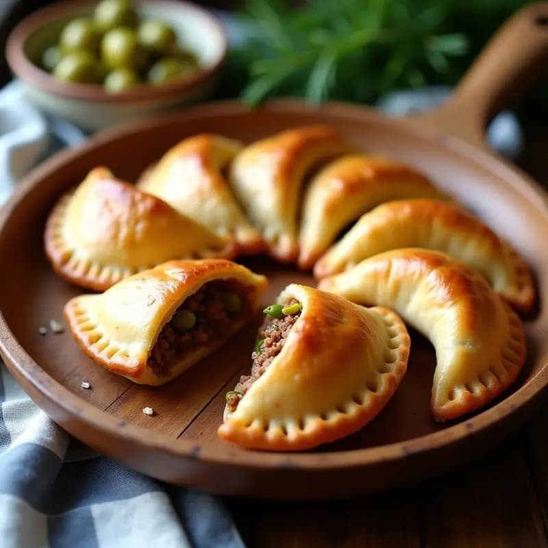 Empanadas argentinas doradas y crujientes de ternera y aceitunas verdes, horneadas a la perfección, con un repulgue detallado y un acabado brillante por el huevo batido. Servidas en una bandeja de madera rústica.