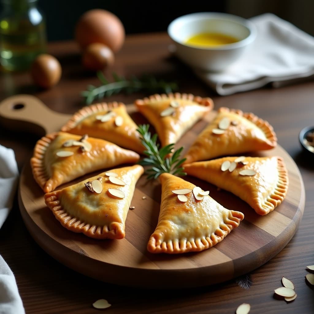 Empanadas doradas y crujientes de harina de trigo sarraceno rellenas de champiñones silvestres, con un toque de almendras fileteadas, servidas sobre una tabla de madera rústica con hierbas frescas al lado. Receta francesa en airfryer.