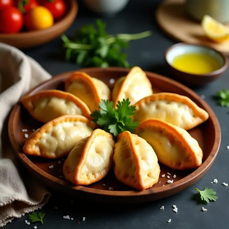 Empanadas doradas y crujientes de masa de yuca rellenas de tuna y pimientos asados, servidas en un plato de barro con hojas de cilantro fresco y rodajas de limón, receta puertorriqueña sin harina.