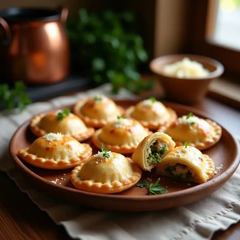 Empanadas doradas y crujientes de hojaldre integral rellenas de tuna y piparras, con un toque de queso Idiazábal, servidas en una bandeja de madera rústica con fondo borroso de cocina vasca.