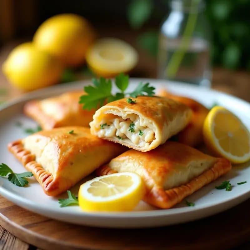 Empanadas doradas y crujientes de tuna y queso de búfala en airfryer, con relleno jugoso y toque cítrico, servidas en un plato rústico con rodajas de limón y perejil fresco.