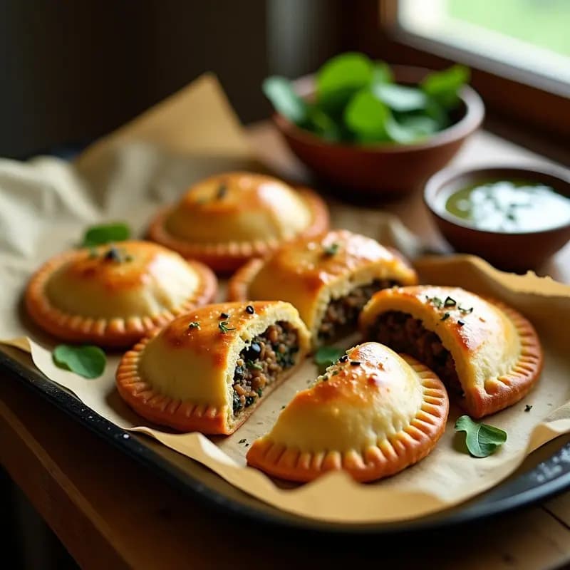 Empanadas argentinas de carnes vegetales sin TACC y alta en proteína, horneadas hasta dorar, con bordes bien sellados y relleno jugoso de champiñones, espinacas y proteína de guisante. Plato tradicional adaptado, crujiente por fuera y sabroso por dentro.