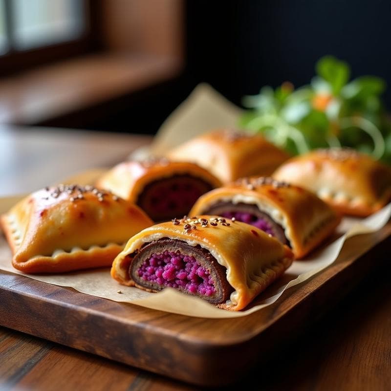 Empanadas doradas y crujientes rellenas de carne de buey wagyu y puré de batata morada, servidas en una bandeja de madera rústica con semillas de sésamo espolvoreadas. Receta fusión japonesa casera al horno.