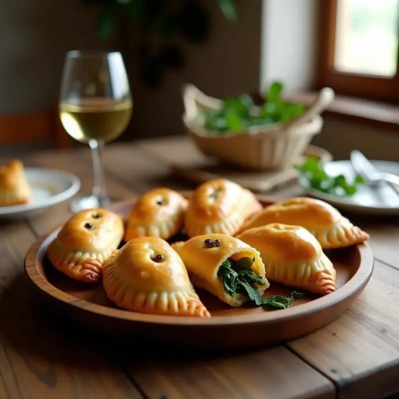 Empanadas gallegas doradas y crujientes con repulgue tradicional, rellenas de xouba y espinacas, servidas sobre un plato de madera rústico con fondo de cocina gallega.