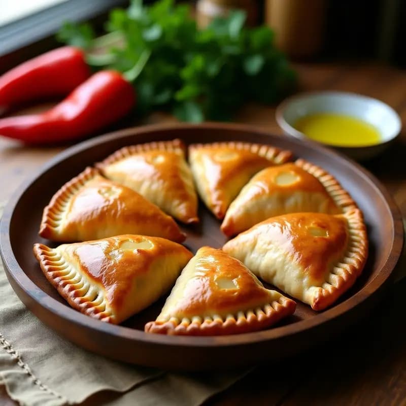 Empanadas gallegas doradas y crujientes de xouba y pimientos de Padrón con masa de trigo sarraceno, dispuestas en una bandeja de madera rústica con perejil fresco y pimientos de Padrón asados de fondo.