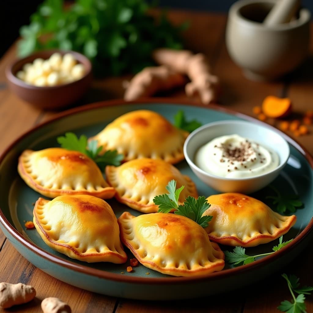 Empanadas doradas y crujientes de yaca y cúrcuma al horno, servidas en un plato de barro rústico con hojas de cilantro fresco y un dip de yogur de coco al lado, receta vegana colombiana sin gluten.