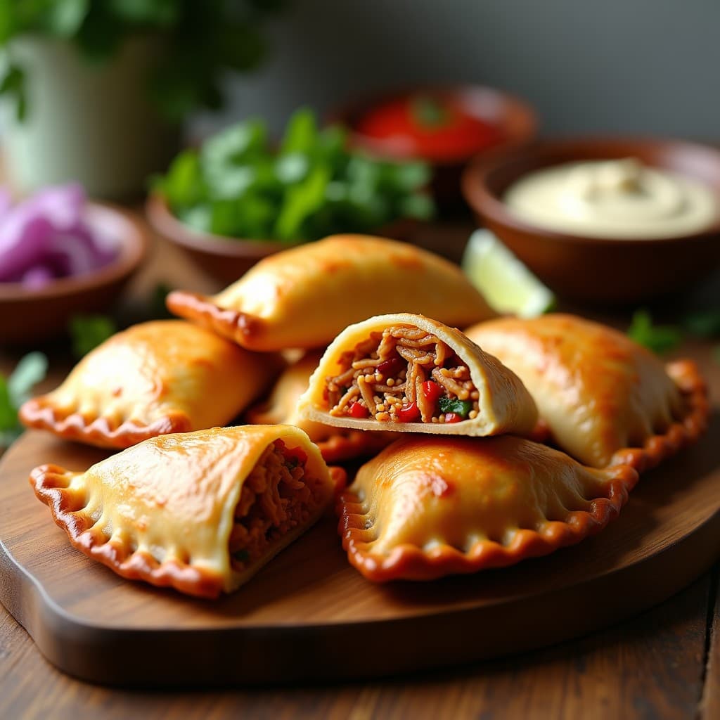 Empanadas doradas y crujientes de yaca y pollo desmenuzado sobre papel de horno, con un relleno jugoso y especiado, típicas de la cocina salvadoreña, cocinadas en airfryer.