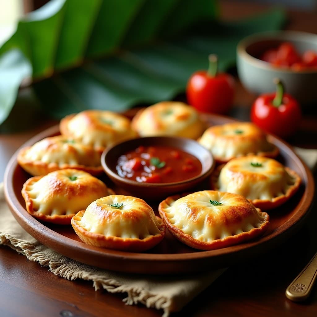 Empanadas doradas y crujientes de yautía rellenas de carne de res desmenuzada, servidas en un plato de madera rústico con salsa criolla fresca de cebolla morada, pimiento rojo y cilantro. Receta puertorriqueña en Airfryer.