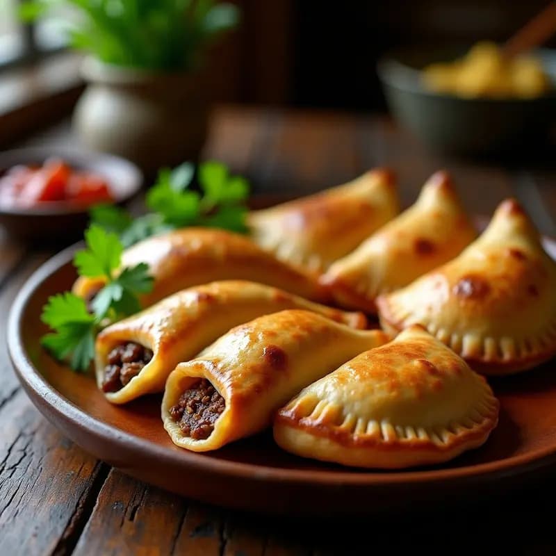 Empanadas doradas de masa de yautía rellenas de picadillo de champiñones portobello, dispuestas en una bandeja de horno con hojas de cilantro fresco, receta keto y sin gluten.