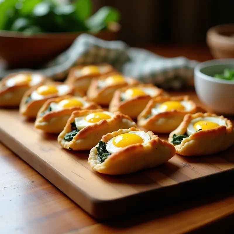 Empanadas keto doradas con masa de almendra, rellenas de espinacas y yema de huevo líquida en el centro, servidas en bandeja de madera con fondo rústico.