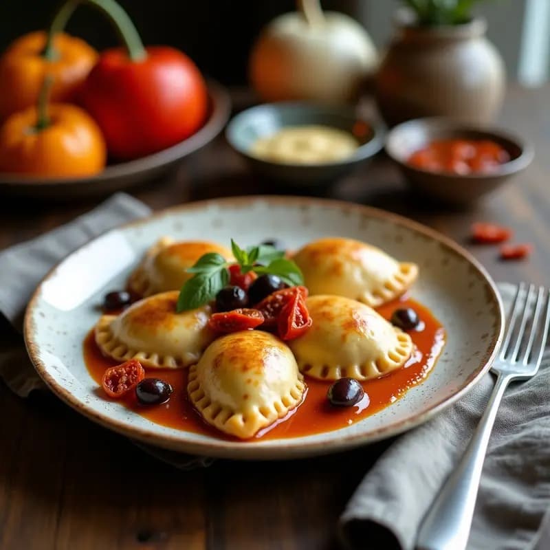 Empanadas doradas de masa de yuca rellenas de aceitunas verdes y tomate seco, dispuestas en un plato rústico de madera con hojas de perejil fresco como decoración. Receta vegana y sin gluten de aperitivo venezolano.