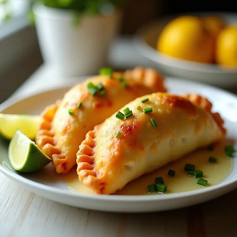 Empanadas doradas de masa de yuca rellenas de carne de cangrejo y yuzu, servidas en un plato blanco con rodajas de lima y cebollino picado, receta japonesa en airfryer.
