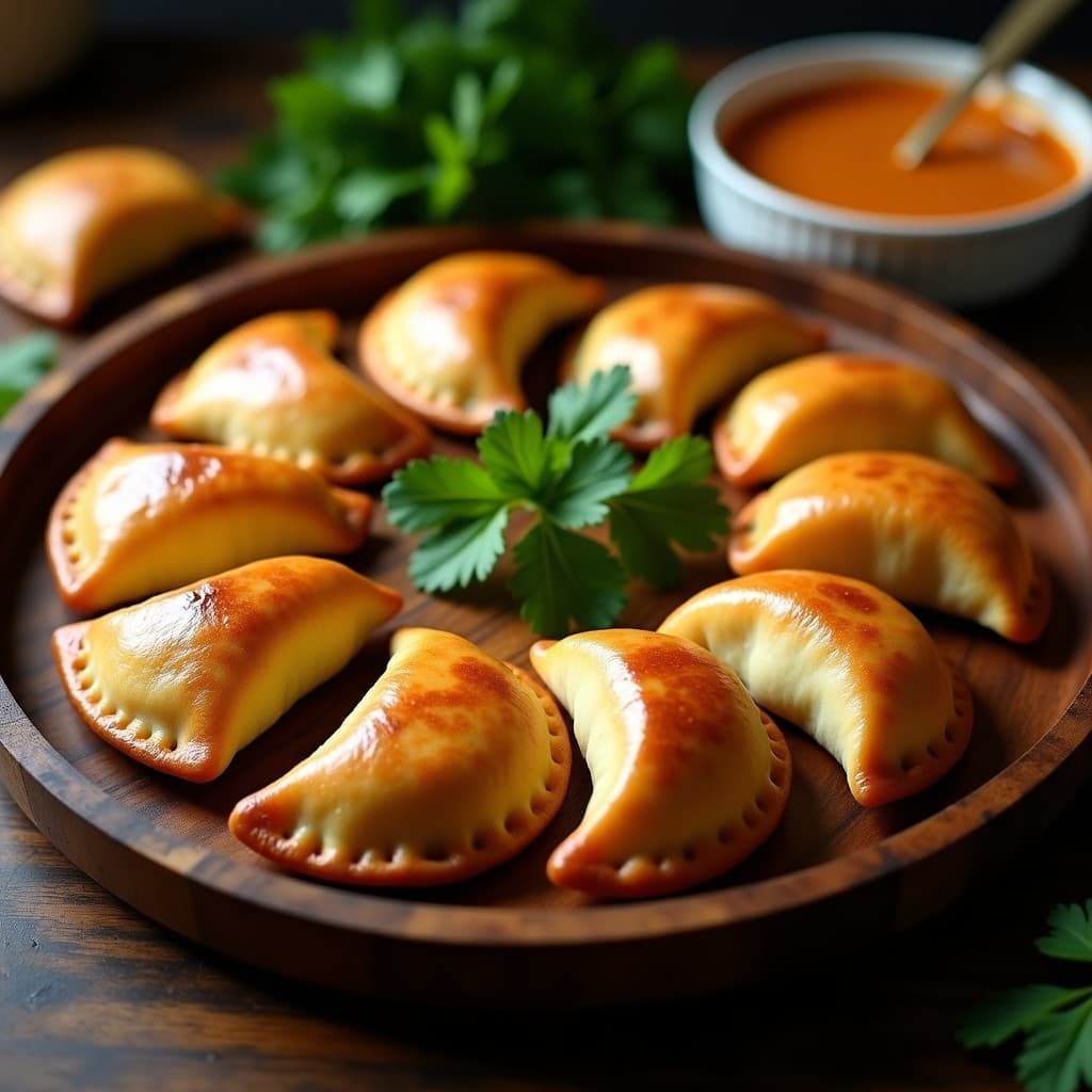 Empanadas de yuca doradas y crujientes rellenas de carimañola colombiana, servidas en una bandeja de madera rústica con hierbabuena fresca como decoración.
