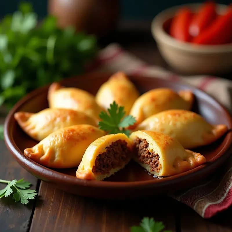 Empanadas doradas de yuca con relleno de carne de res y ají dulce, horneadas hasta la perfección, servidas en un plato de barro con hojas de ají dulce como decoración.