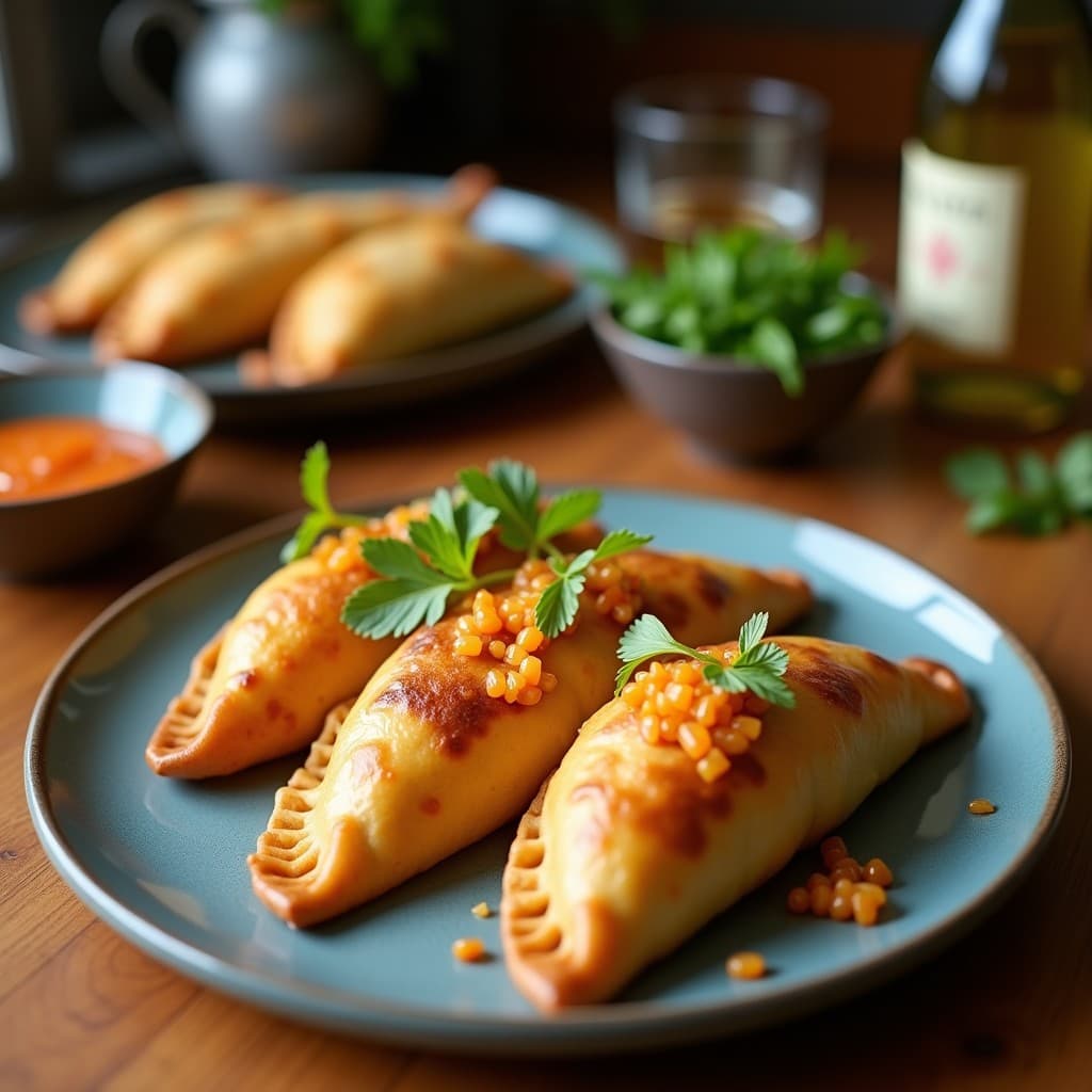 Empanadas doradas y crujientes de yuca rellenas de jackfruit desmenuzado, servidas en un plato de cerámica blanca con salsa de guayaba brillante y hojas de cilantro fresco.