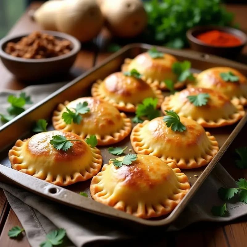 Empanadas de yuca rellena de carne mechada colombianas, doradas y crujientes, dispuestas en una bandeja de horno con papel vegetal. Se aprecian los bordes bien sellados y el relleno jugoso asomando ligeramente. Plato tradicional sin gluten con textura esponjosa y acabado brillante por el huevo batido.